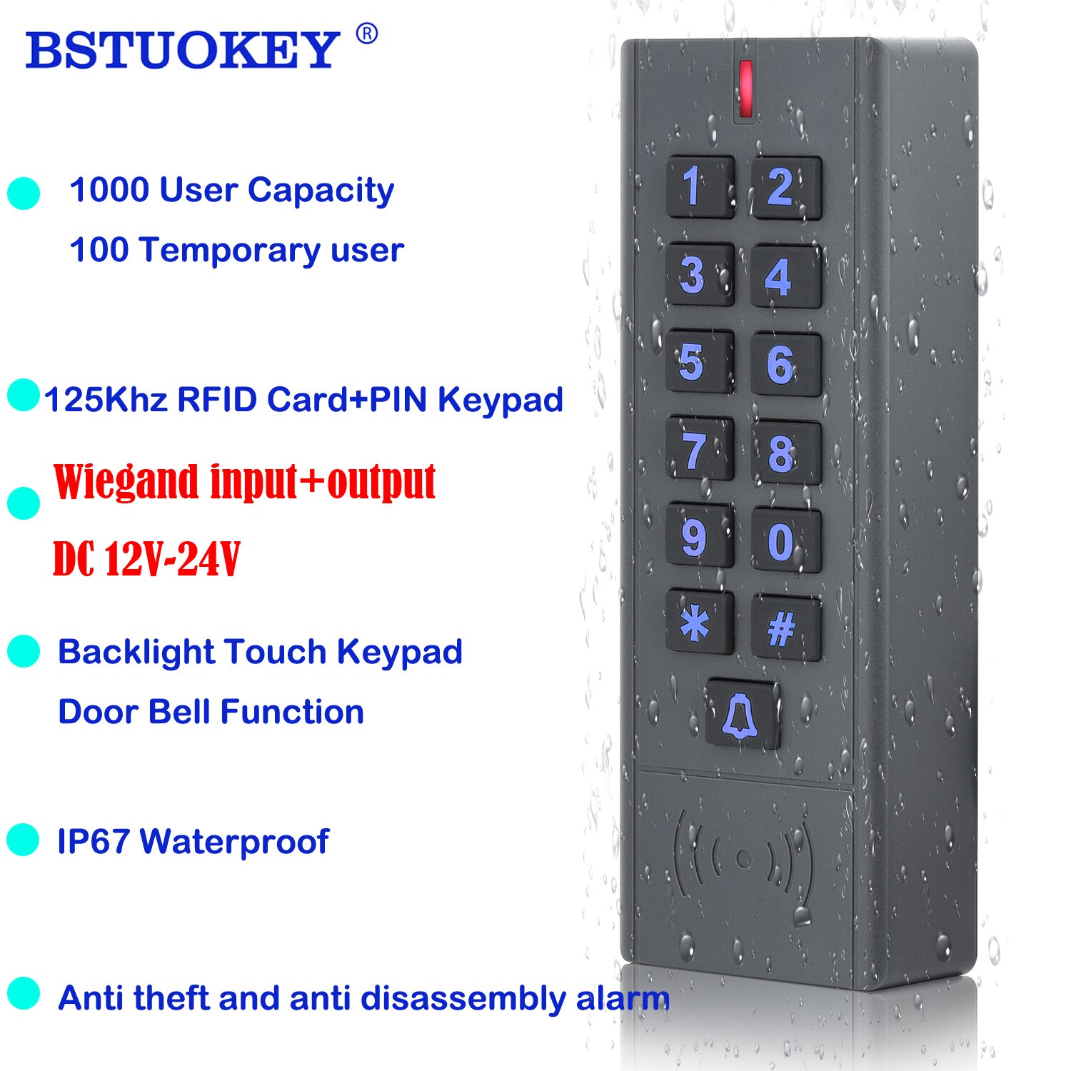 A9-D-EM 1000 사용자 IP67 방수 액세스 제어 키패드 125KHz RFID 카드 액세스 컨트롤러 도어 오프너 시스템 Wiegand DC 12V-24V